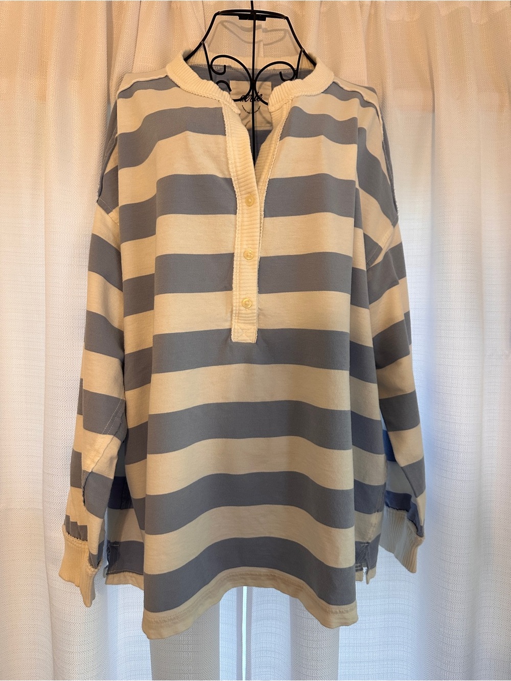 Aerie Striped Rugby Oversized Henley - Cream and Blue - Picture 2 of 9